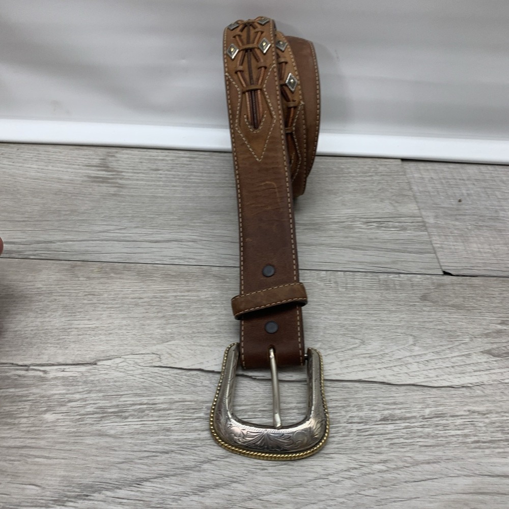 TONY LAMA buckle belt 34 cowhide leather STITCHED Stud brown WESTERN cowboy 2673